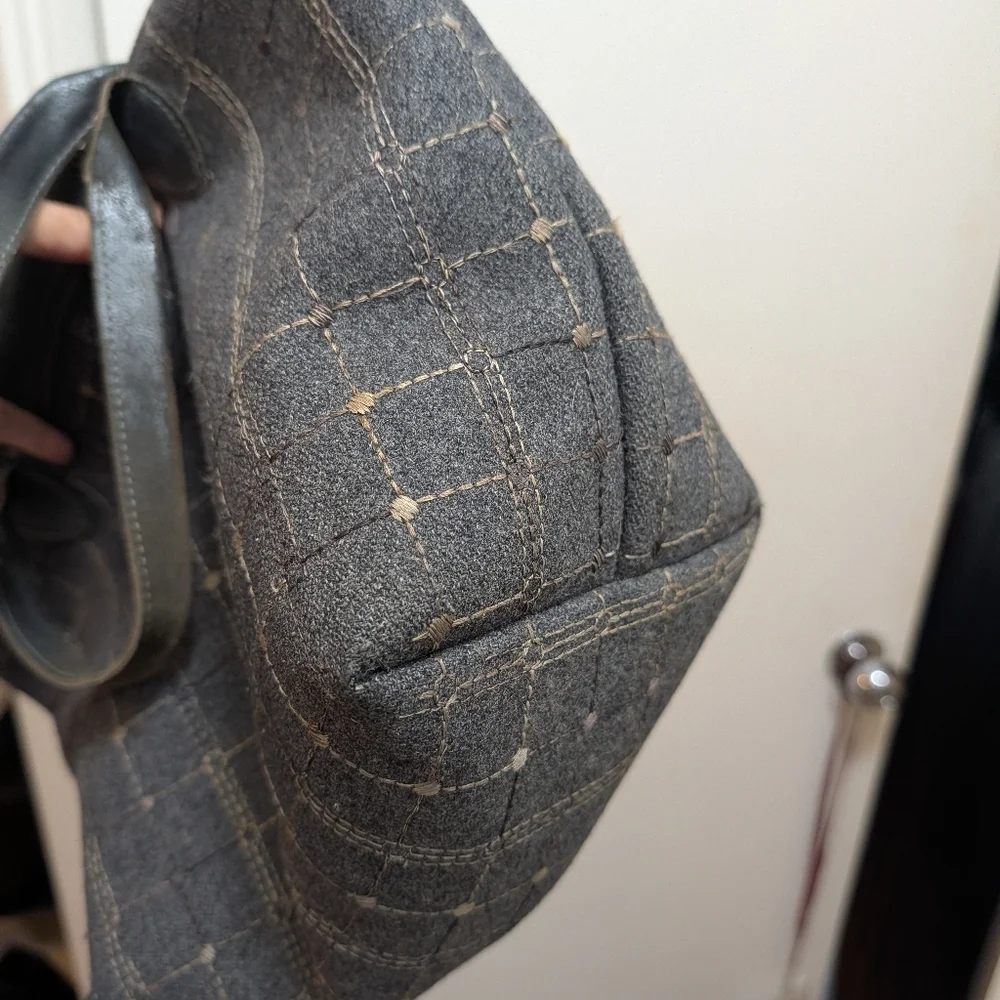 Longchamp Le Pliage dark grey wool tweed flannel tote Bag